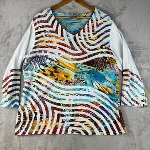 Parsley & Sage 1X V Neck 3/4 Sleeve Colorful Abstract Print Tunic Top Artsy